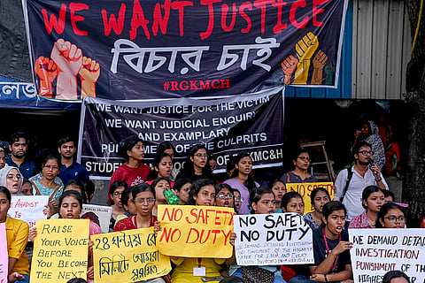 Doctors and nursing staff protest against the murder of a woman doctor inside the RG Kar Medical College in Kolkata